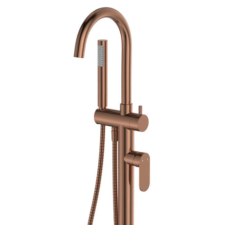Empire Slim Floor Mounted Bath Mixer with Hand Shower, Brushed Copper fienza