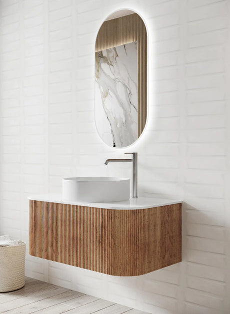 Adair Curved Fluted Wall Hung Vanity - Walnut Wood 900mm x 450mm (Stone Top & Basin are Included) Bagno D'Oro