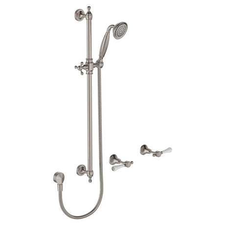 Lillian Lever Rail Shower Set, Brushed Nickel with Ceramic White Handle fienza
