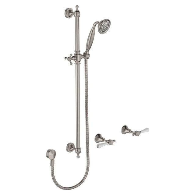 Lillian Lever Rail Shower Set, Brushed Nickel with Ceramic White Handle fienza
