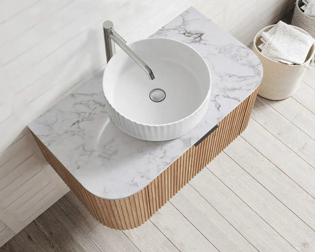 Adair Curved Fluted Wall Hung Vanity - Walnut Wood 900mm x 450mm (Stone Top & Basin are Included) Bagno D'Oro