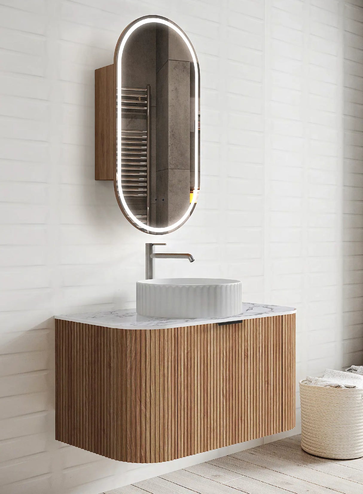 Adair Curved Fluted Wall Hung Vanity - Walnut Wood 1200mm x 450mm (Stone Top & Basin are Included) Bagno D'Oro