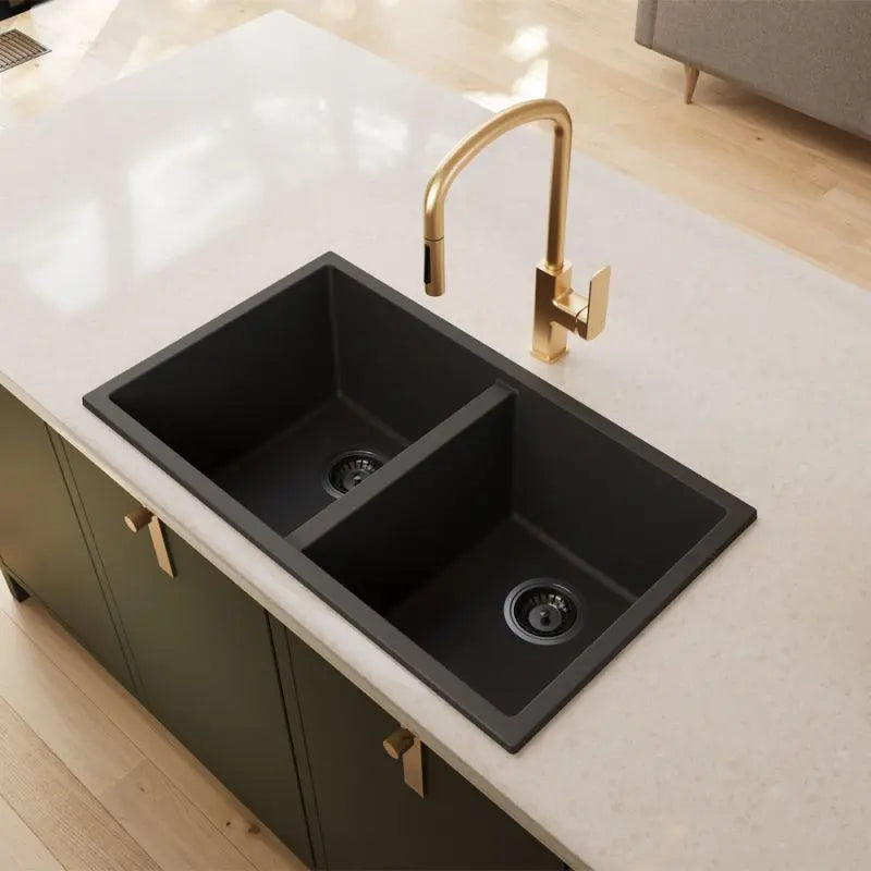 Kuro Granite 34L/34L Double Bowl Kitchen Sink, Matte Black fienza