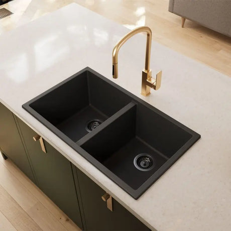 Kuro Granite 34L/34L Double Bowl Kitchen Sink, Matte Black fienza