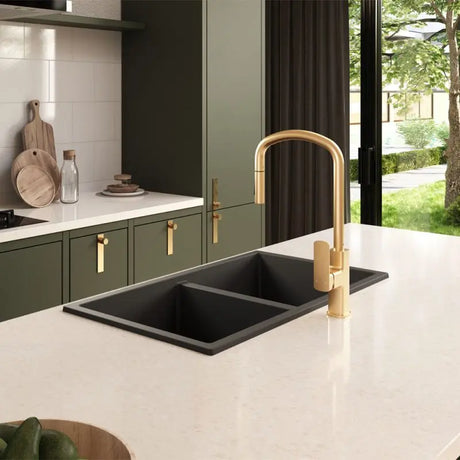 Kuro Granite 34L/34L Double Bowl Kitchen Sink, Matte Black fienza