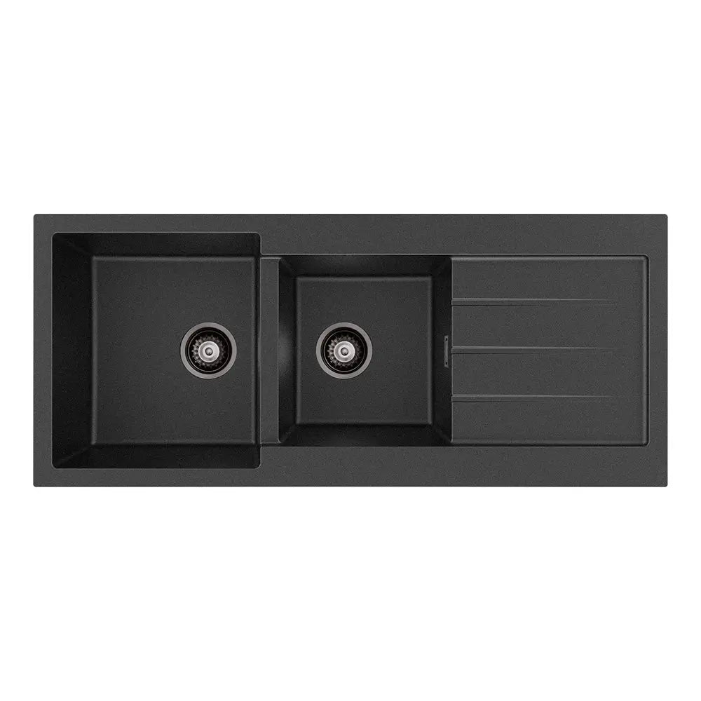 Kuro Granite 32L/22L Double Kitchen Sink with Drainer, Matte Black fienza