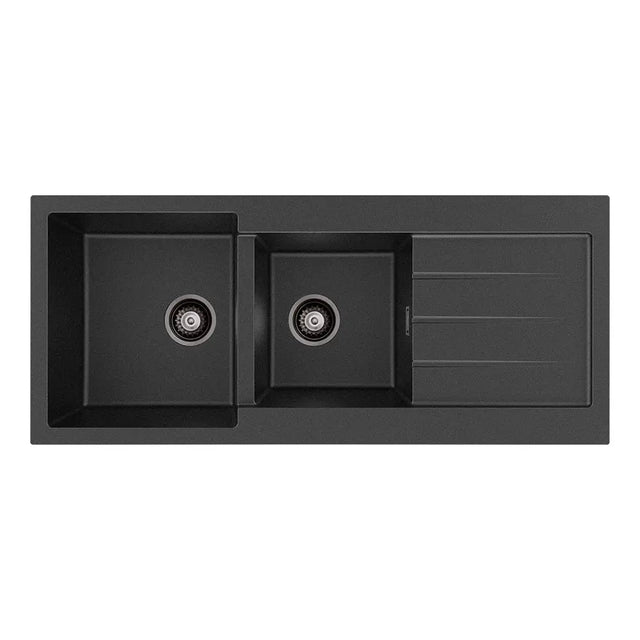 Kuro Granite 32L/22L Double Kitchen Sink with Drainer, Matte Black fienza