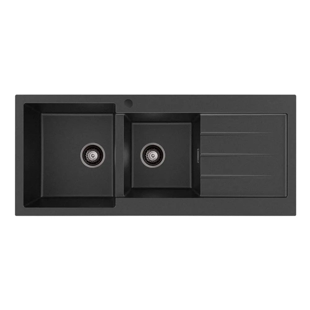 Kuro Granite 32L/22L Double Kitchen Sink with Drainer, Left Bowl, 1 Tap Hole, Matte Black fienza