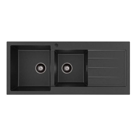 Kuro Granite 32L/22L Double Kitchen Sink with Drainer, Left Bowl, 1 Tap Hole, Matte Black fienza