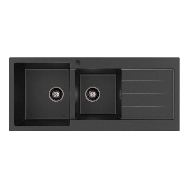 Kuro Granite 32L/22L Double Kitchen Sink with Drainer, Left Bowl, 1 Tap Hole, Matte Black fienza