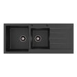 Kuro Granite 32L/22L Double Kitchen Sink with Drainer, Left Bowl, 2 Tap Holes, Matte Black fienza