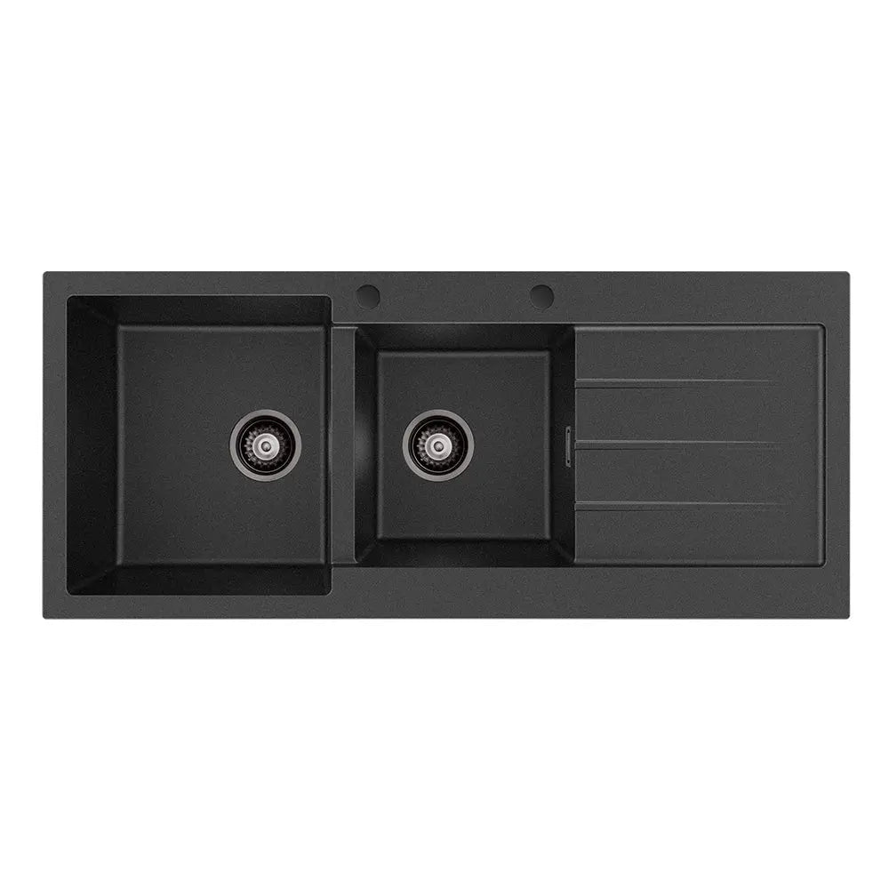 Kuro Granite 32L/22L Double Kitchen Sink with Drainer, Left Bowl, 2 Tap Holes, Matte Black fienza