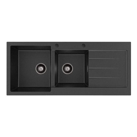 Kuro Granite 32L/22L Double Kitchen Sink with Drainer, Left Bowl, 2 Tap Holes, Matte Black fienza