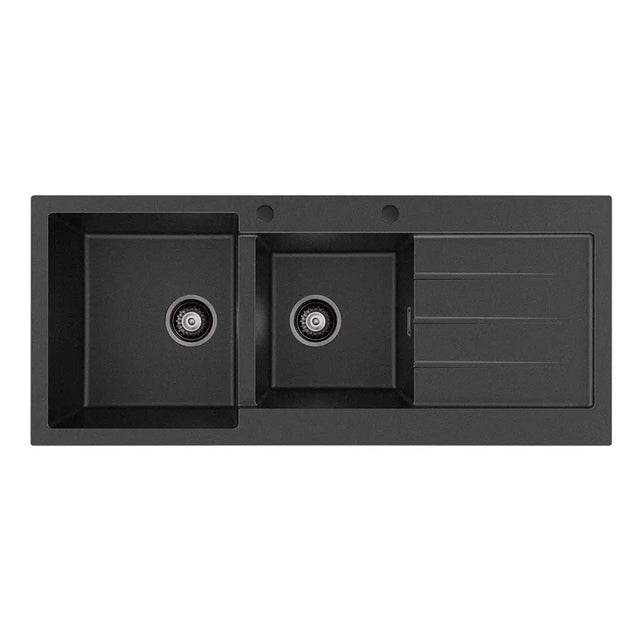 Kuro Granite 32L/22L Double Kitchen Sink with Drainer, Left Bowl, 2 Tap Holes, Matte Black fienza