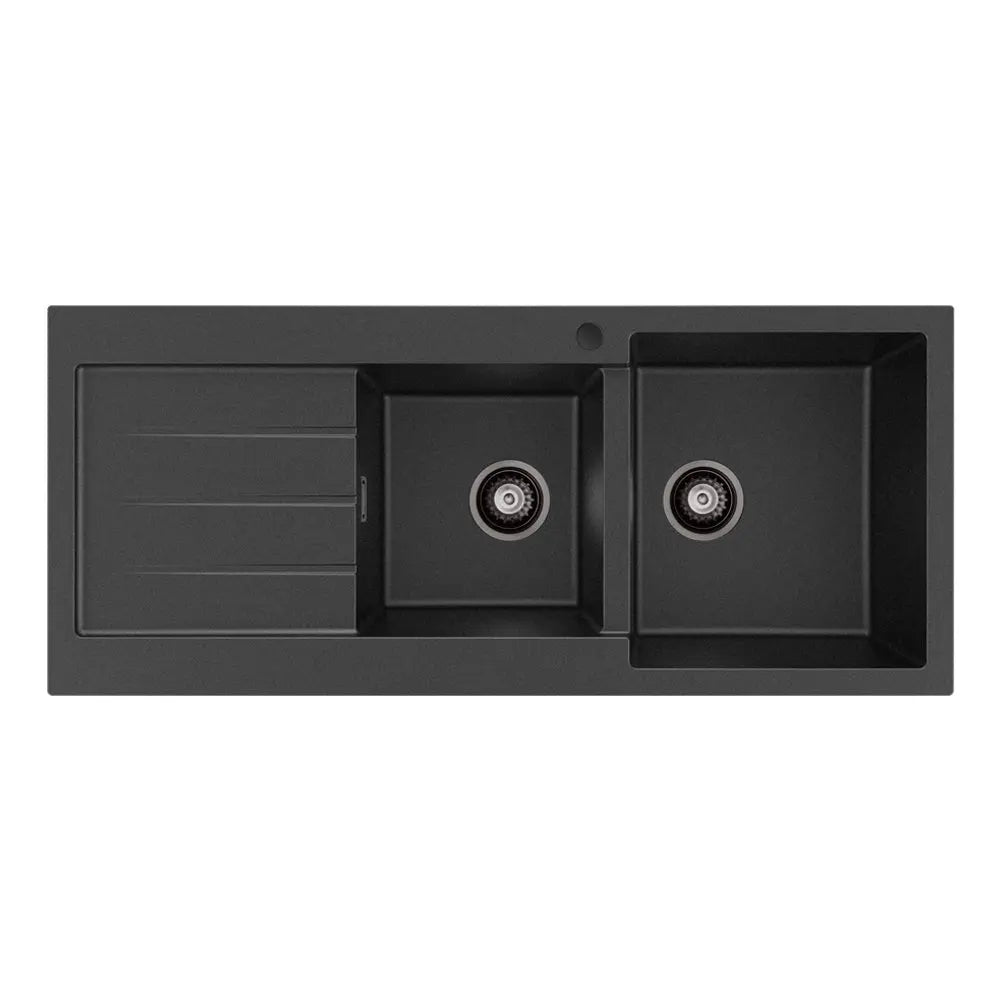 Kuro Granite 32L/22L Double Kitchen Sink with Drainer, Right Bowl, 1 Tap Hole, Matte Black fienza