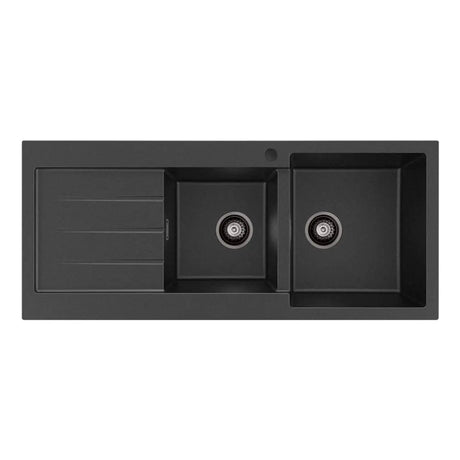 Kuro Granite 32L/22L Double Kitchen Sink with Drainer, Right Bowl, 1 Tap Hole, Matte Black fienza
