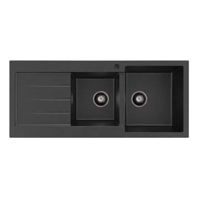 Kuro Granite 32L/22L Double Kitchen Sink with Drainer, Right Bowl, 1 Tap Hole, Matte Black fienza