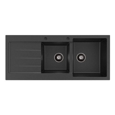 Kuro Granite 2L/22L Double Kitchen Sink with Drainer, Right Bowl, 2 Tap Holes, Matte Black fienza
