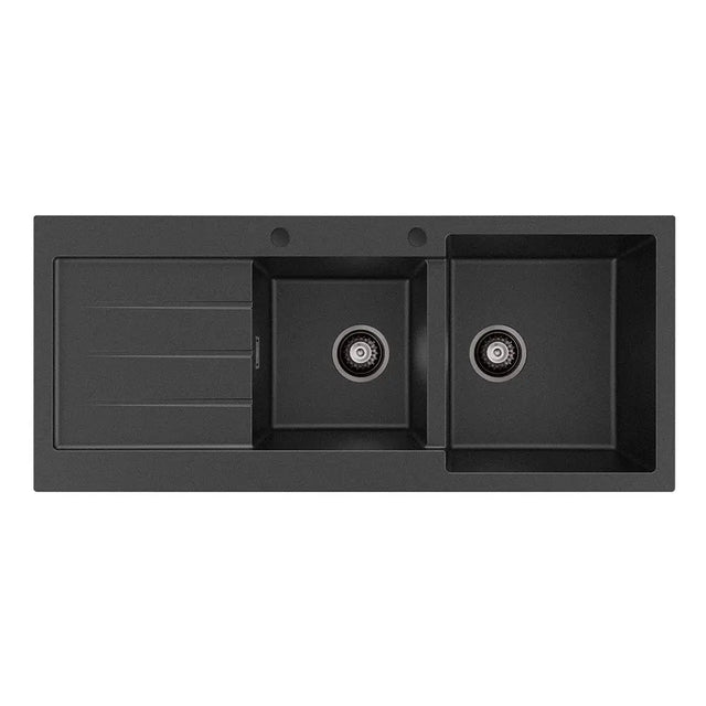 Kuro Granite 2L/22L Double Kitchen Sink with Drainer, Right Bowl, 2 Tap Holes, Matte Black fienza