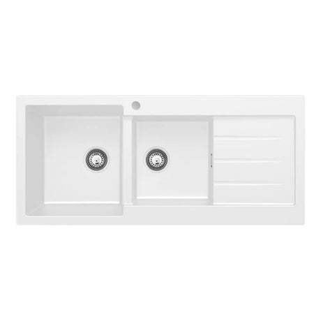 Kuro Granite 32L/22L Double Kitchen Sink with Drainer, Left Bowl, 1 Tap Hole, Matte White fienza