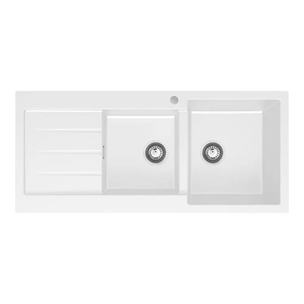 Kuro Granite 32L/22L Double Kitchen Sink with Drainer, Right Bowl, 1 Tap Hole, Matte White fienza