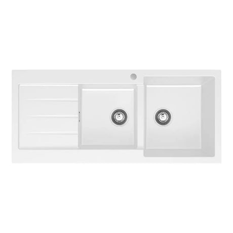 Kuro Granite 32L/22L Double Kitchen Sink with Drainer, Right Bowl, 1 Tap Hole, Matte White fienza
