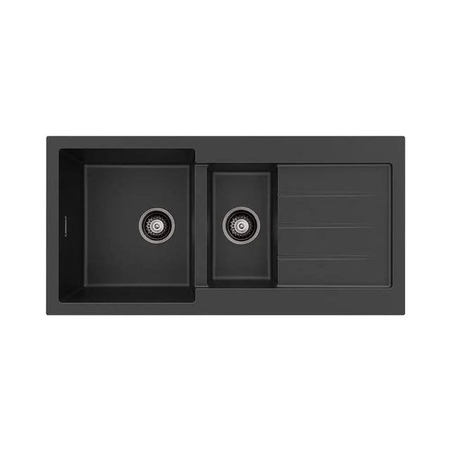 Kuro Granite32L/14L Double Kitchen Sink with Drainer, Matte Black fienza