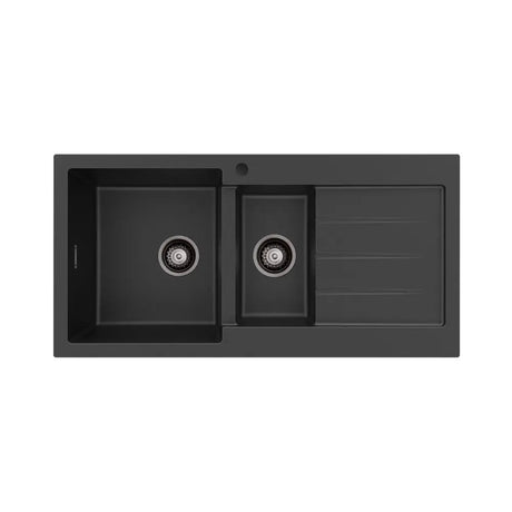 Kuro Granite 32L/14L Double Kitchen Sink with Drainer, Left Bowl, 1 Tap Hole, Matte Black fienza