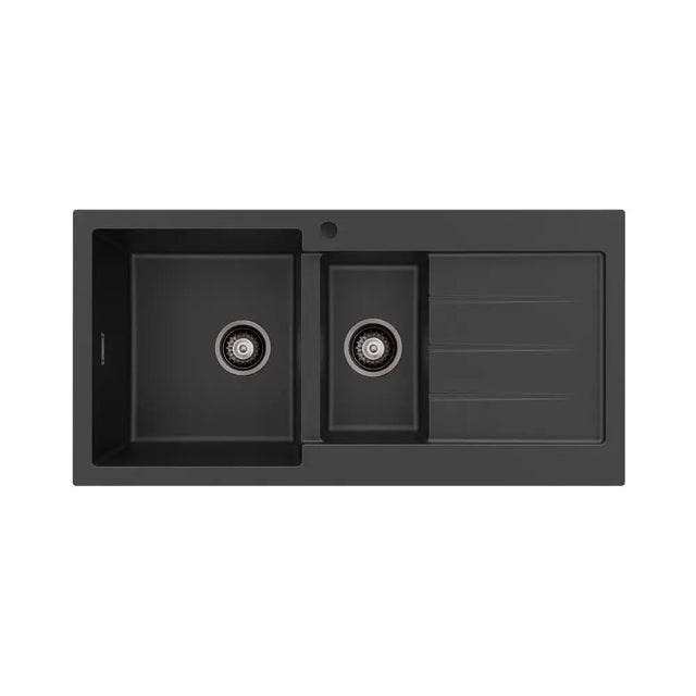 Kuro Granite 32L/14L Double Kitchen Sink with Drainer, Left Bowl, 1 Tap Hole, Matte Black fienza