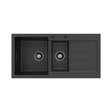 Kuro Granite 32L/14L Double Kitchen Sink with Drainer, Left Bowl, 2 Tap Holes, Matte Black fienza