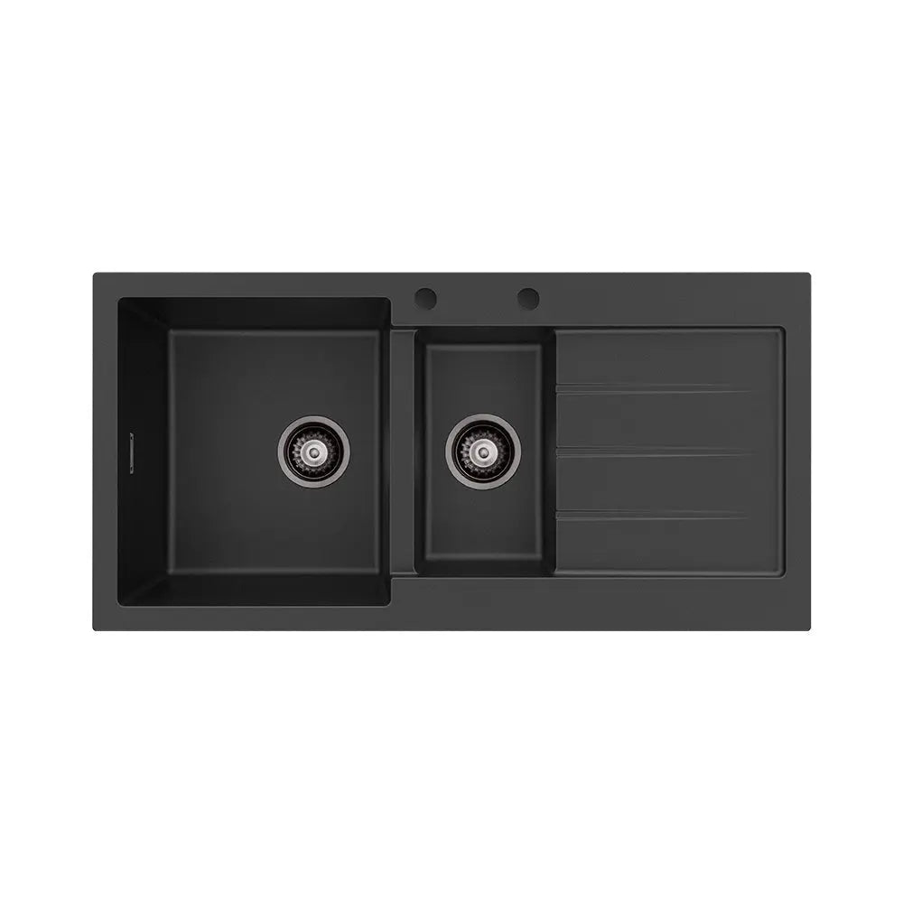 Kuro Granite 32L/14L Double Kitchen Sink with Drainer, Left Bowl, 2 Tap Holes, Matte Black fienza