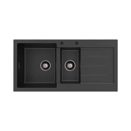 Kuro Granite 32L/14L Double Kitchen Sink with Drainer, Left Bowl, 2 Tap Holes, Matte Black fienza