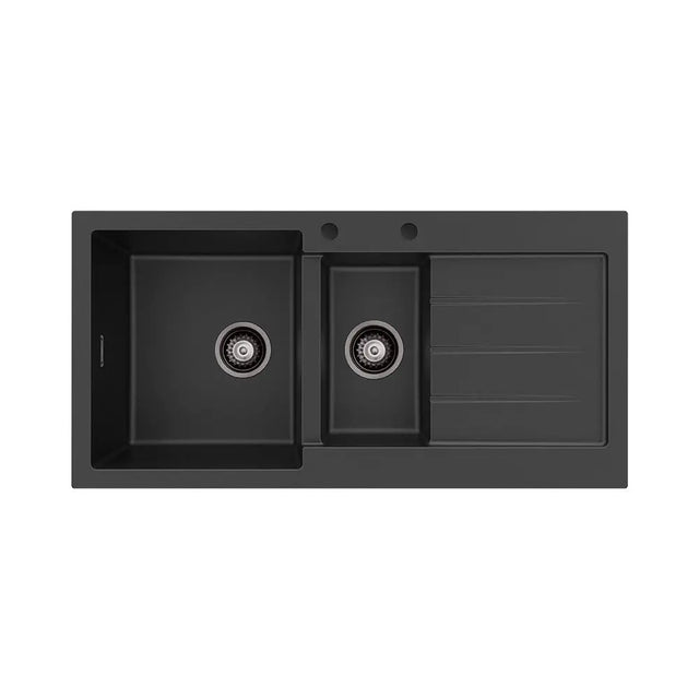 Kuro Granite 32L/14L Double Kitchen Sink with Drainer, Left Bowl, 2 Tap Holes, Matte Black fienza