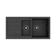 Kuro Granite 32L/14L Double Kitchen Sink with Drainer, Right Bowl, 1 Tap Hole, Matte Black fienza