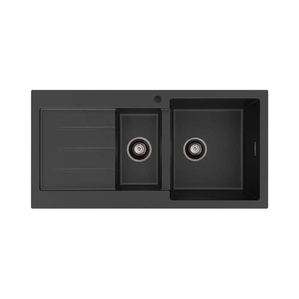 Kuro Granite 32L/14L Double Kitchen Sink with Drainer, Right Bowl, 1 Tap Hole, Matte Black fienza