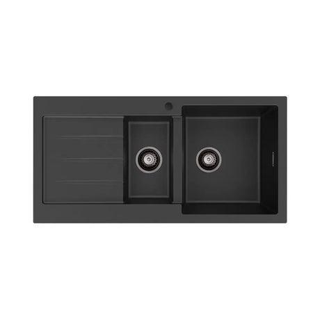 Kuro Granite 32L/14L Double Kitchen Sink with Drainer, Right Bowl, 1 Tap Hole, Matte Black fienza