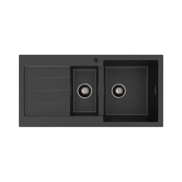 Kuro Granite 32L/14L Double Kitchen Sink with Drainer, Right Bowl, 1 Tap Hole, Matte Black fienza