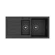 Kuro Granite 32L/14L Double Kitchen Sink with Drainer, Right Bowl, 2 Tap Holes, Matte Black fienza