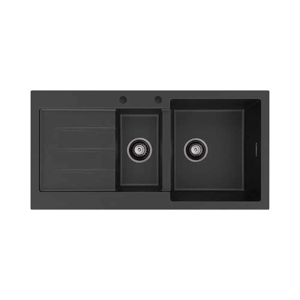 Kuro Granite 32L/14L Double Kitchen Sink with Drainer, Right Bowl, 2 Tap Holes, Matte Black fienza