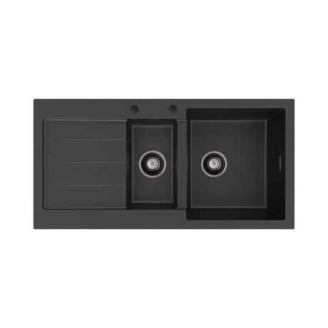 Kuro Granite 32L/14L Double Kitchen Sink with Drainer, Right Bowl, 2 Tap Holes, Matte Black fienza
