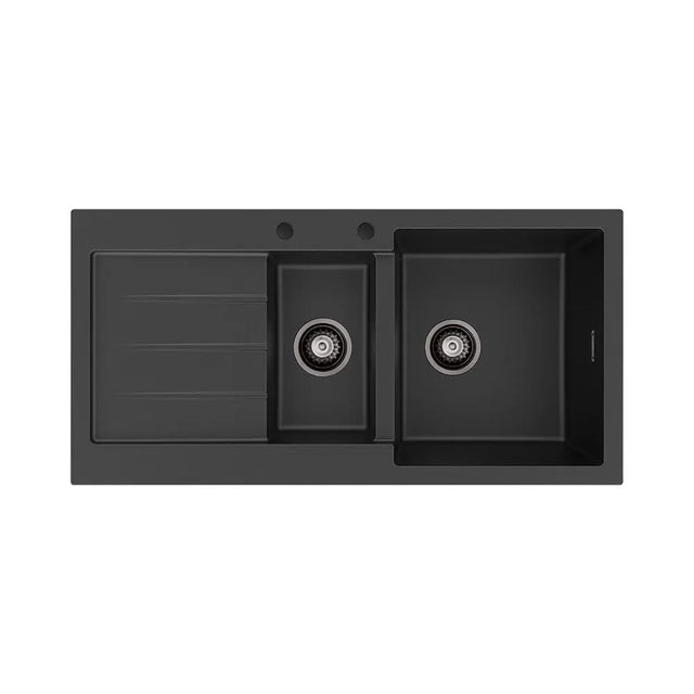Kuro Granite 32L/14L Double Kitchen Sink with Drainer, Right Bowl, 2 Tap Holes, Matte Black fienza