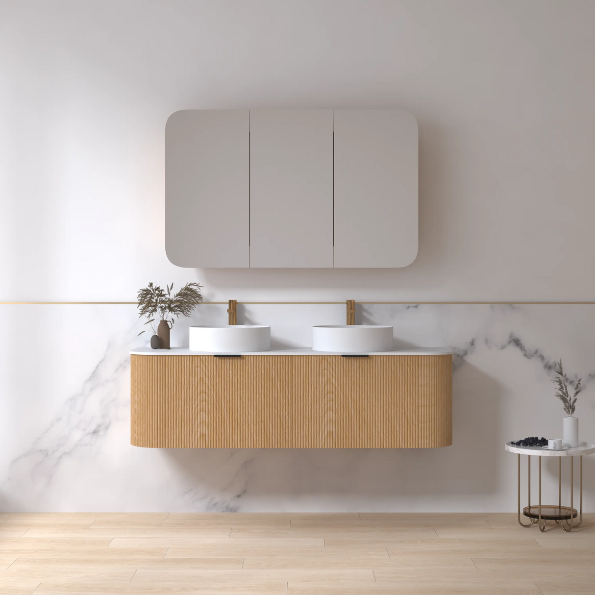 Adair Curved Fluted Wall Hung Vanity - Walnut Wood 1500mm x 450mm (Stone Top & Basins are Included) Bagno D'Oro