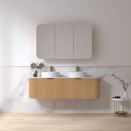 Adair Curved Fluted Wall Hung Vanity - Walnut Wood 1500mm x 450mm (Stone Top & Basins are Included) Bagno D'Oro