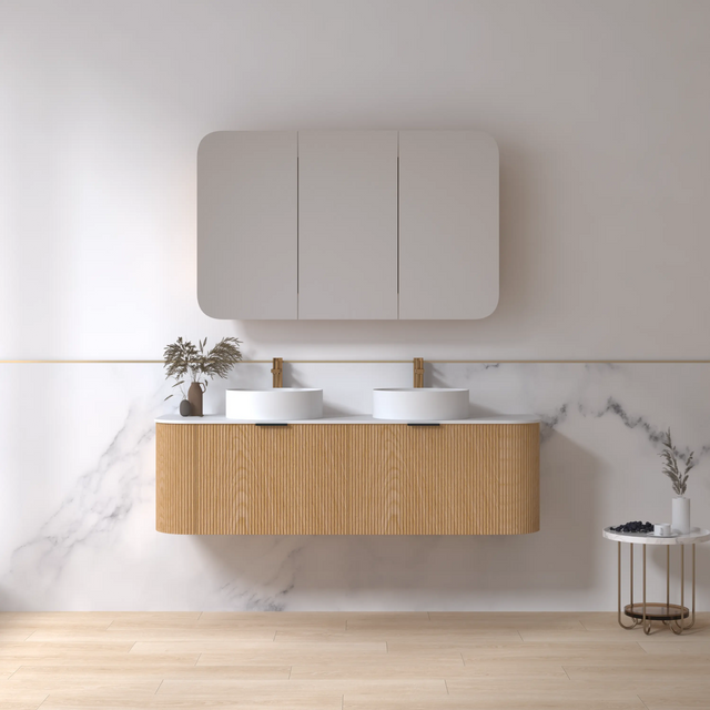 Adair Curved Fluted Wall Hung Vanity - Walnut Wood 1500mm x 450mm (Stone Top & Basins are Included) Bagno D'Oro
