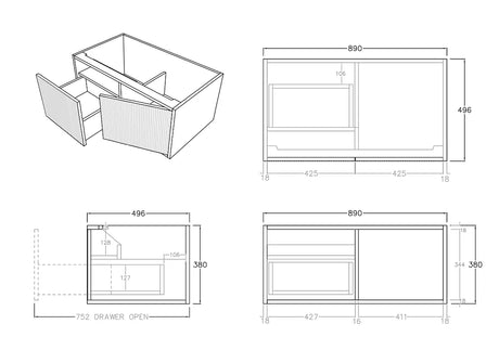 Bellevue PVC Wall Hung Vanity 900 (Coastal Oak)-Clearance Poseidon