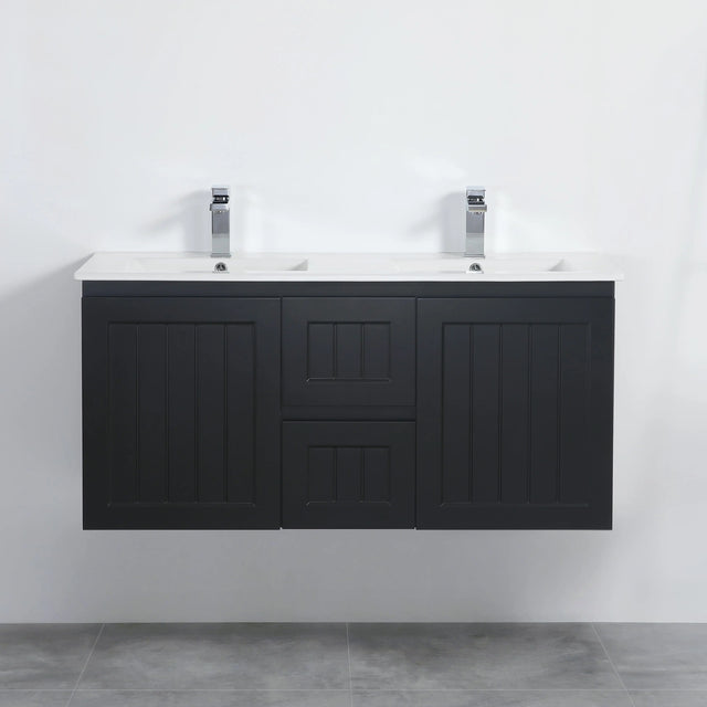 ACACIA SHAKER Matte Black PVC Wall Hung Vanity 1200 (Double Bowl) Poseidon
