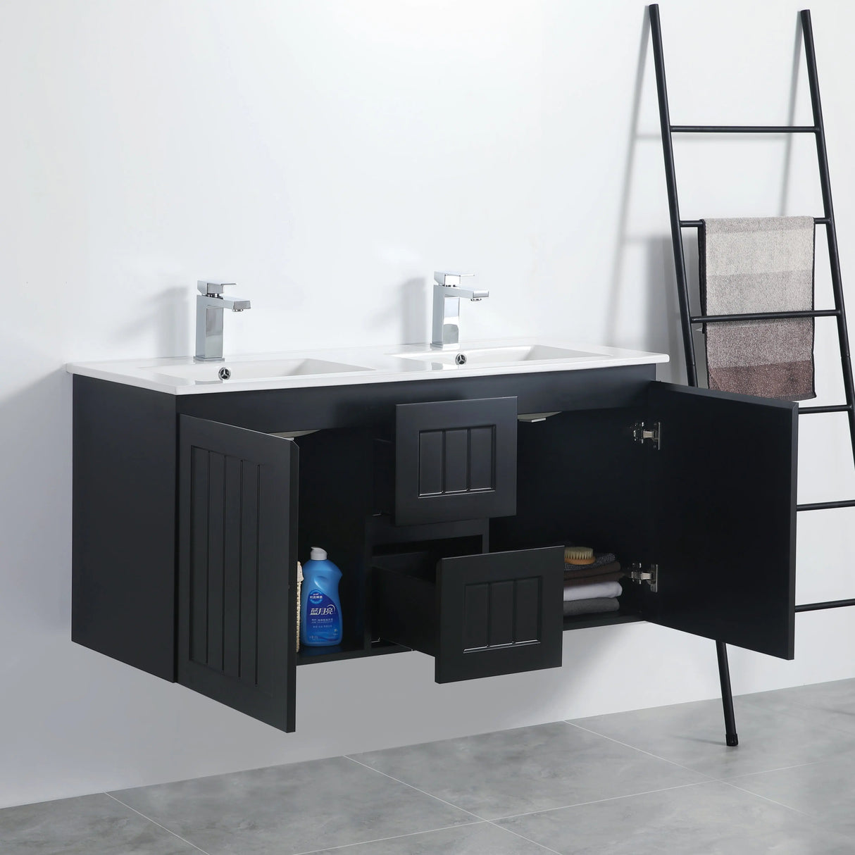 ACACIA SHAKER Matte Black PVC Wall Hung Vanity 1200 (Double Bowl) Poseidon