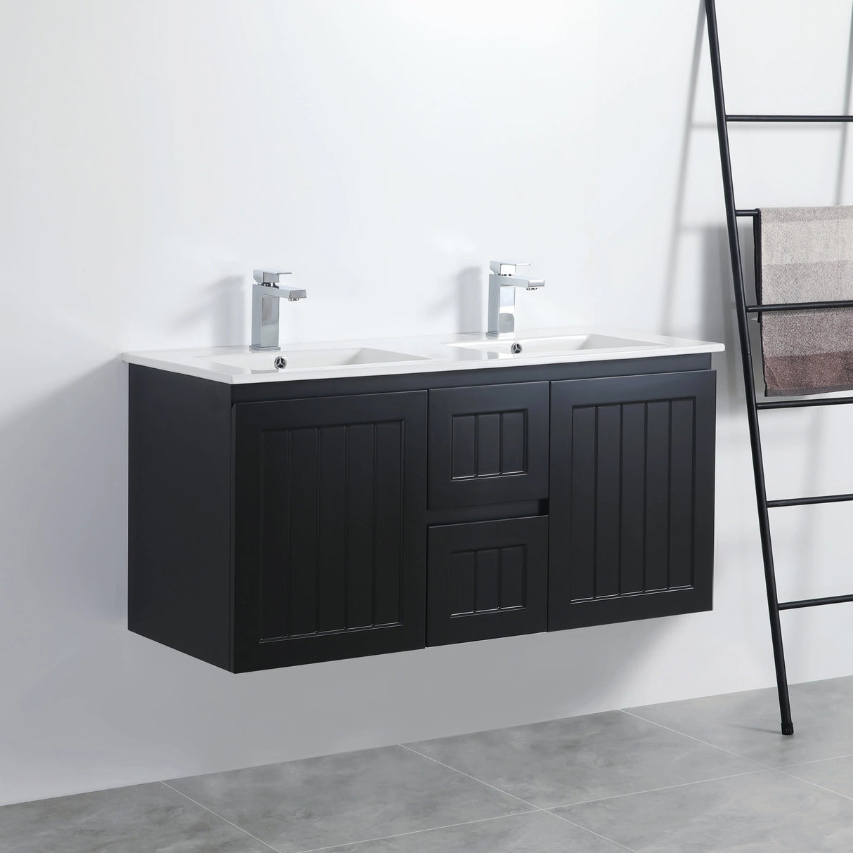 ACACIA SHAKER Matte Black PVC Wall Hung Vanity 1200 (Double Bowl) Poseidon