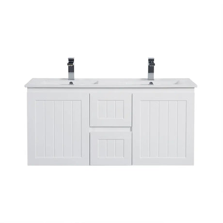 ACACIA SHAKER Matte White PVC Wall Hung Vanity 1200 (Double Bowl) Poseidon