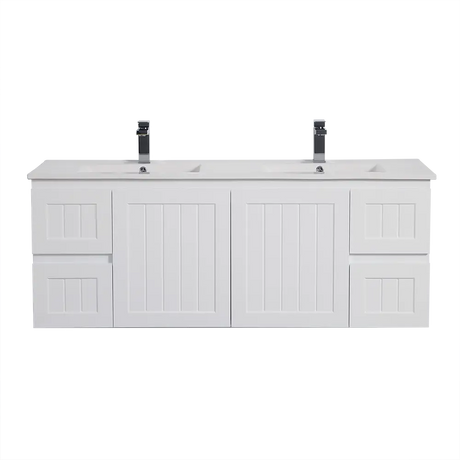 ACACIA SHAKER Matte White PVC Wall Hung Vanity 1500 (Single/Double Bowl) Poseidon